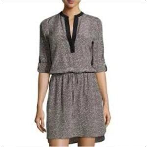 Vince Silk Print Grid Shirt Dress Large Gray Black Drawstring Waist Pockets